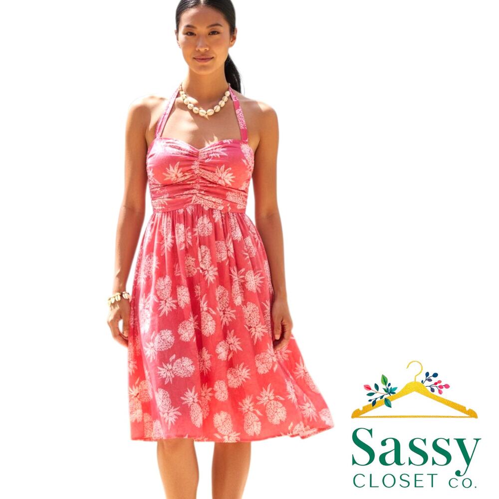 Tommy Bahama Coral Pink Pineapple Silk Lined Halter Dress 12 Ruched Midi EUC - Picture 2 of 9